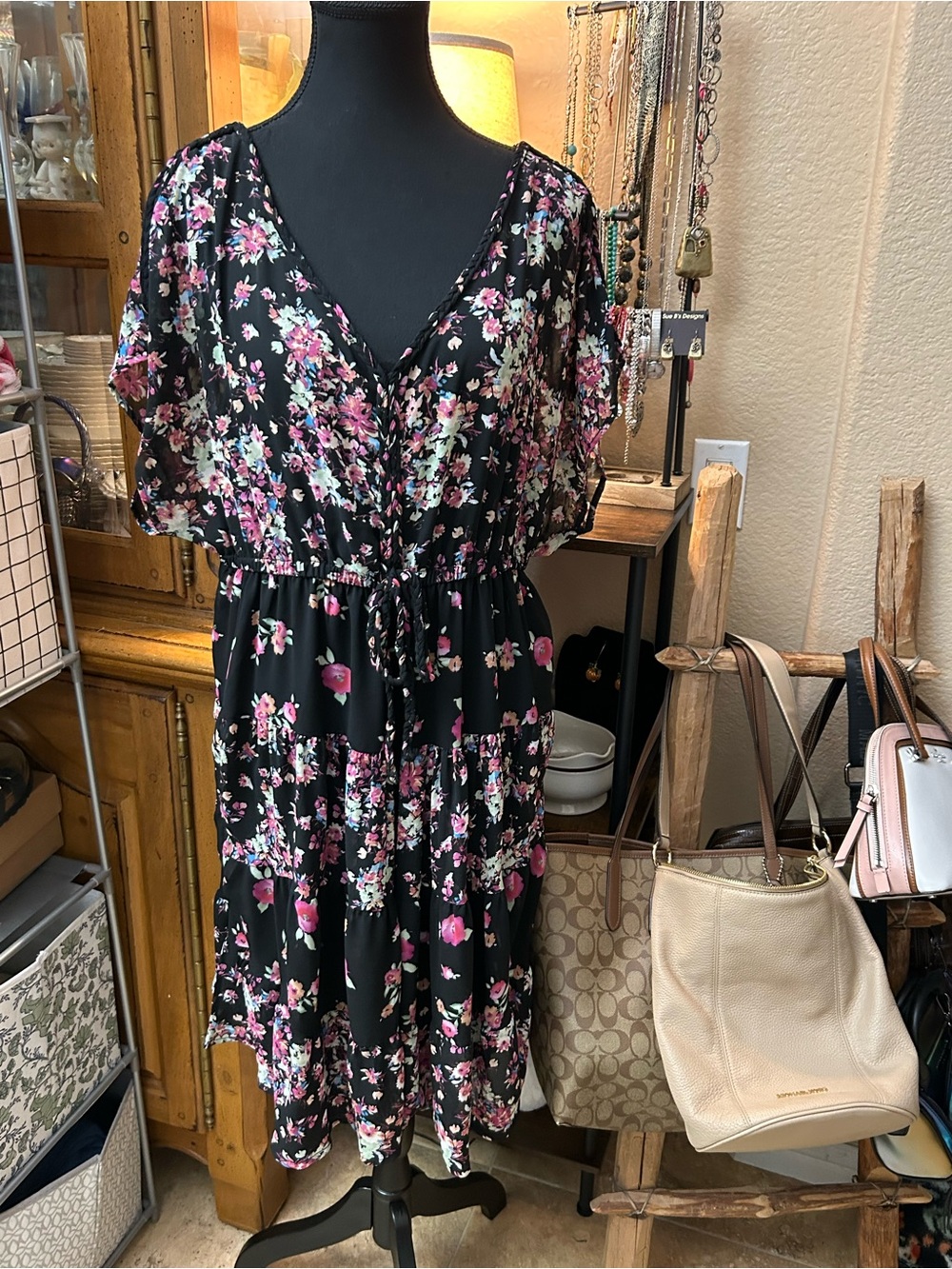 torrid Black Midi Dress with Pink and White Floral Print